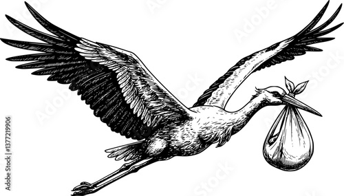 stork deliver baby engraving black and white outline
