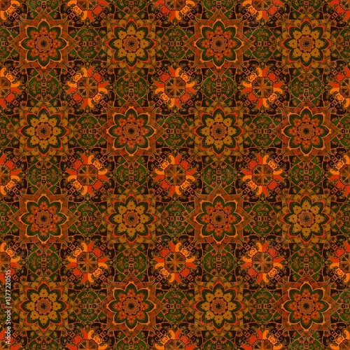 Seamless ethnic pattern with mandalas, swirls and leaves in orange, green and brown tones. Beautiful design for tapestry, bedspread, fabric, rug. Boho style. Indian motifs.