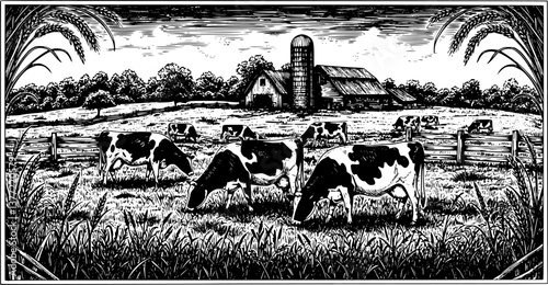 dairy cows grazing in a field landscape engraving black and white outline
