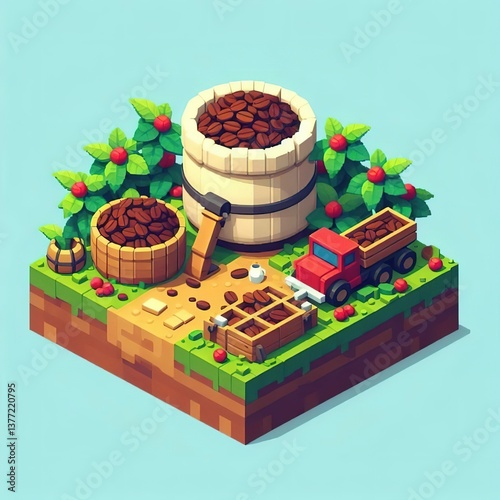 Coffee beans harvesting agriculture concept digital illustration 3d isometric style illustration photo