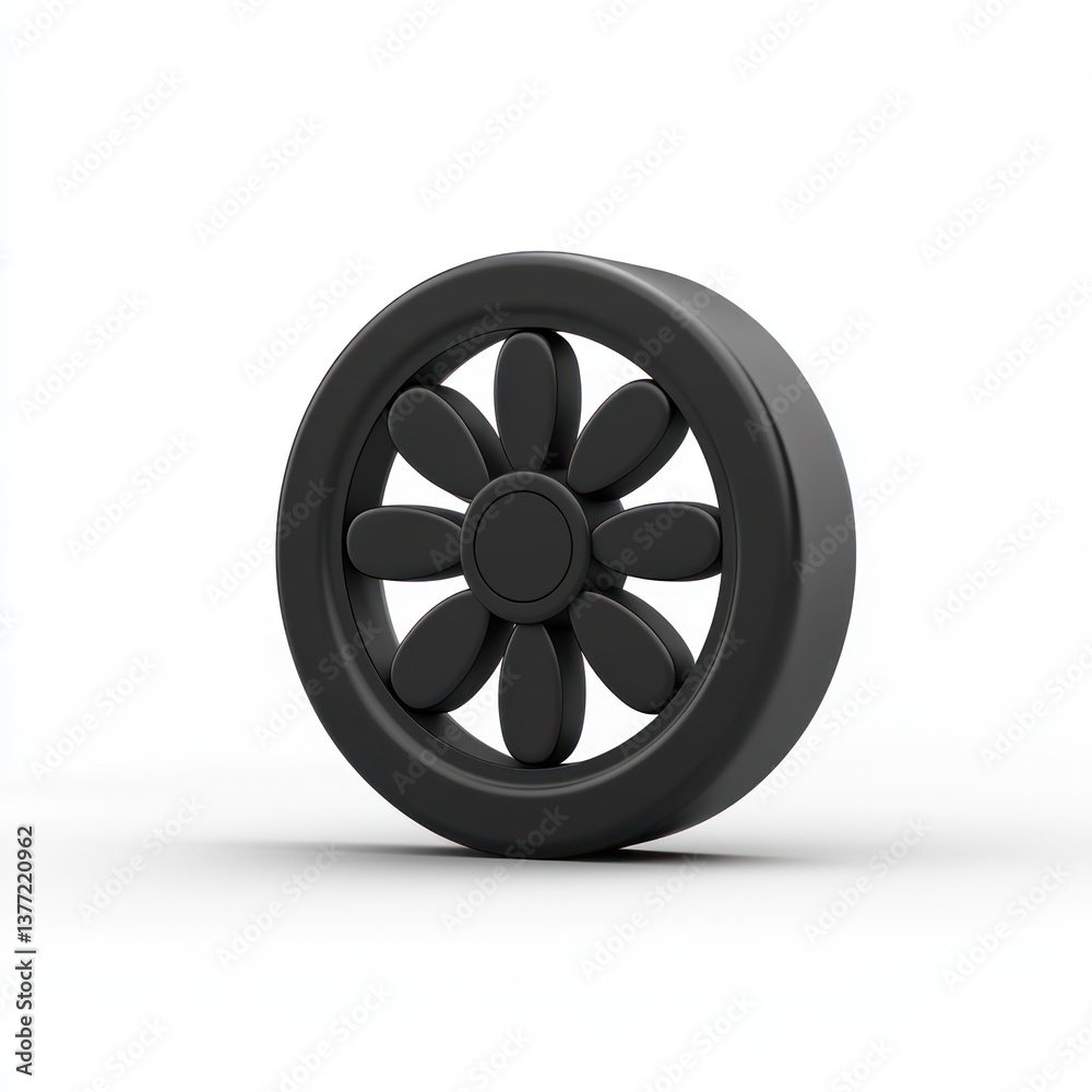 Unique 3D Black Flower-Shaped Wheel Design on White Background for Creative Projects Unique 3D Black Flower-Shaped Wheel Design on White Background for Creative Projects