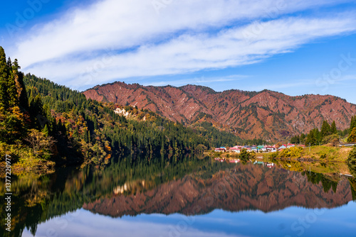 Fukushima, JAPAN - Nov 10, 2024: Tadami Riverside in autumn at Aizu-Kawaguchi, Mishima, Fukushima
