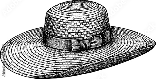 straw hat ribbon engraving black and white outline
