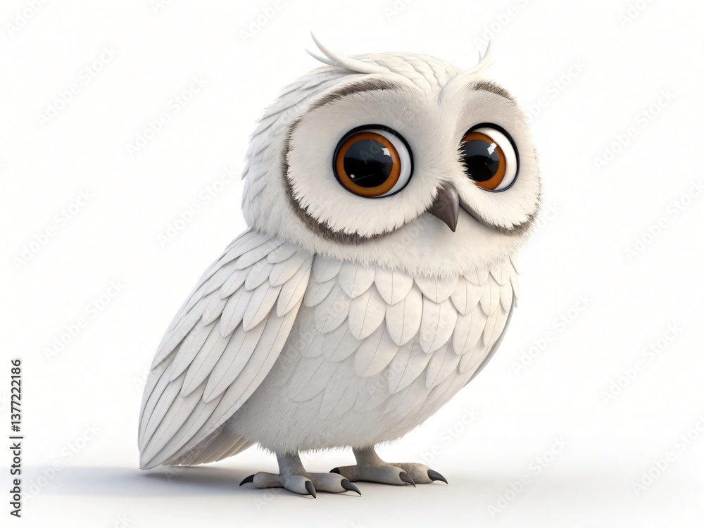 Naklejka premium Adorable 3D Rendered White Owl Cartoon Bird Character Cute Baby Owl Wildlife Illustration