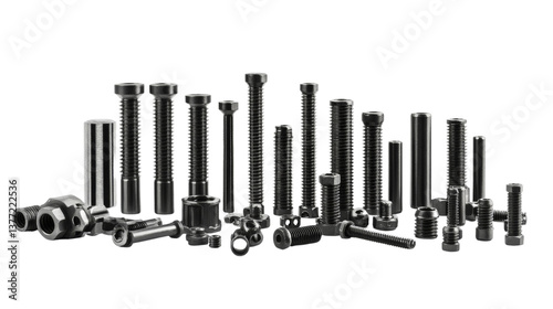 Variety of screws and bolts, organized in sizes, Transparent background, PNG file,