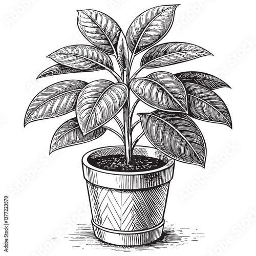 potted plant woodcut engraving vector illustration