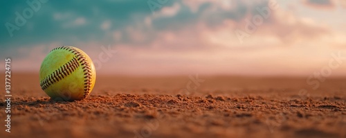 A close-up of a softball resting on a sandy field during a beautiful sunset.