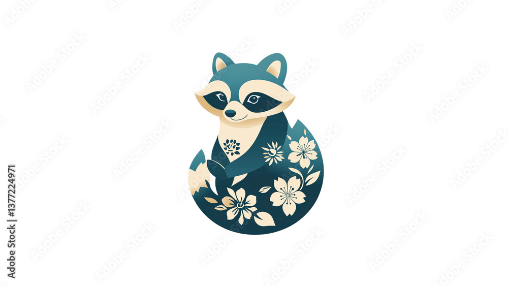 Fototapeta premium Adorable Raccoon with Floral Tail - Springtime Illustration