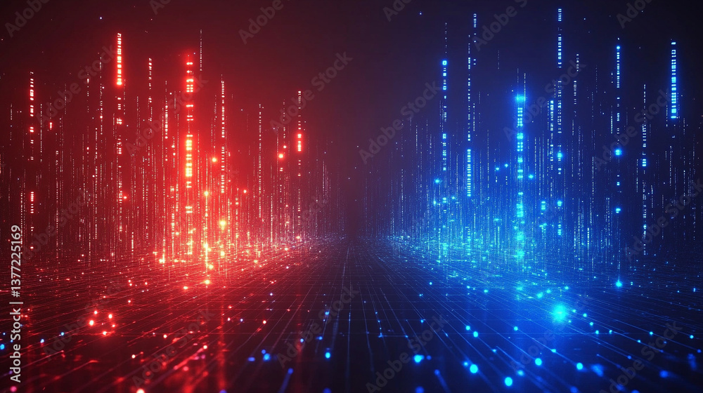 A technology background featuring two parallel paths in a red and blue color scheme, symbolizing the convergence of different technological pathways in a futuristic and modern world.

