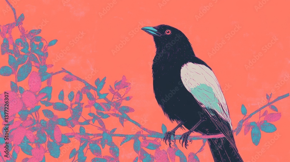 Fototapeta premium Colorful magpie on abstract branch with vibrant background