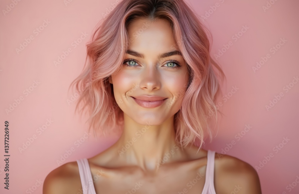 Portrait of beautiful young woman with fresh skin, pink hair against pink background. Natural beauty. Aesthetic face. Cosmetology, hair salon, spa treatment. Generative AI art illustration. Portrait of beautiful young woman with fresh skin, pink hair against pink background. Natural beauty. Aesthetic face. Cosmetology, hair salon, spa treatment. Generative AI art illustration.