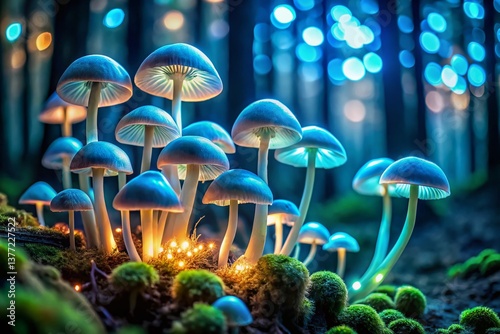 Glowing Mushrooms in Dark Forest - Mystical Night Scene Stock Photo