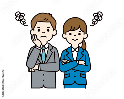 ぐるぐると悩む、若い男女の会社員のベクターイラスト素材＿＿線の編集可能＿カラー