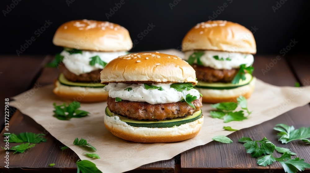 Three Delicious Hamburgers with Melted Cheese on Rustic Wooden Board Three Delicious Hamburgers with Melted Cheese on Rustic Wooden Board
