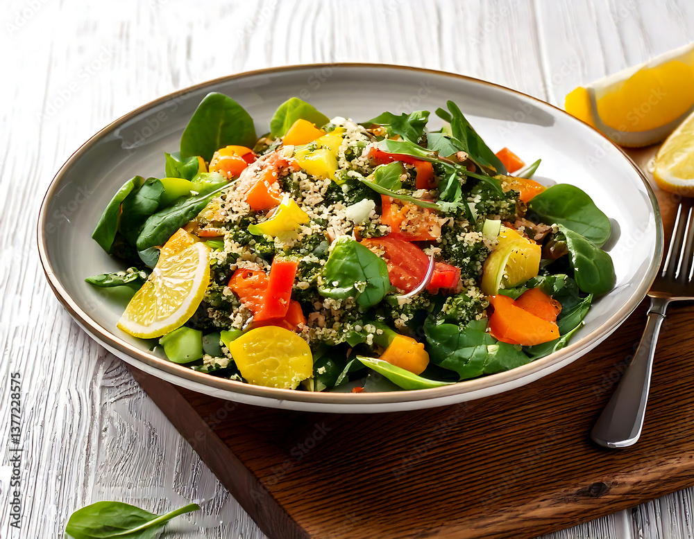 Colorful vegetable salad with quinoa, spinach, carrots, and lemon dressing on a wooden table. Colorful vegetable salad with quinoa, spinach, carrots, and lemon dressing on a wooden table.