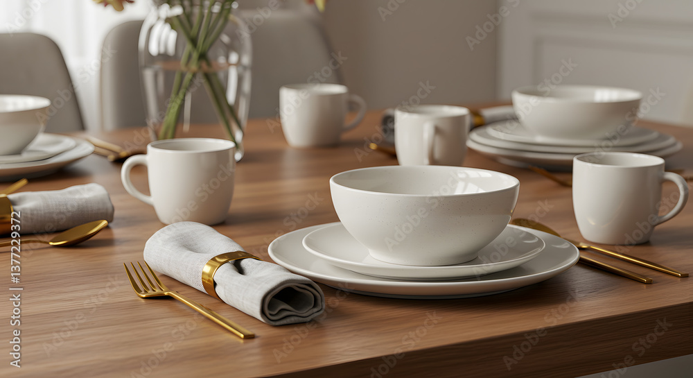 Fototapeta premium Minimalist Modern Table Setting with Cream Dinnerware and Gold Flatware