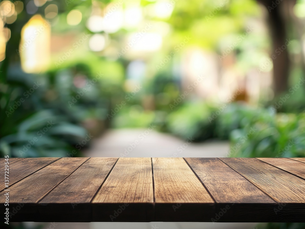 Empty wooden table in a garden setting Empty wooden table in a garden setting