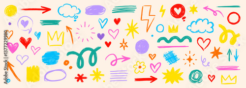 Line kid pencil color brush hand drawn chalk vector element set. Texture brush chalk stroke kid heart, star, arrow element hand drawn sketch scribble. Crayon pencil style. Vector illustration