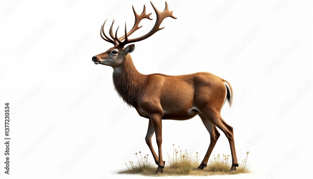 Fototapeta premium Majestic deer illustration isolated on white background. Stag, antlered mammal with brown fur, fauna. Concept art perfect for wildlife, hunting, nature, outdoors themes. Generative AI.