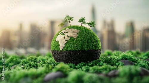 Vibrant green earth with a tree growing on top symbolizing sustainable tourism and eco-friendly environmental practices 