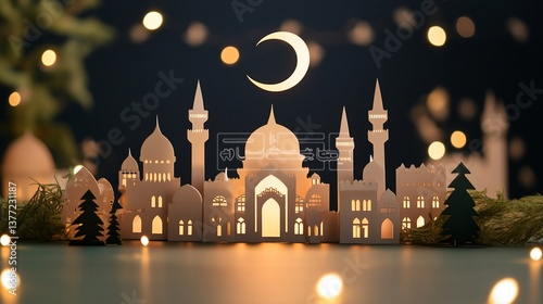 Illuminated paper city skyline with crescent moon