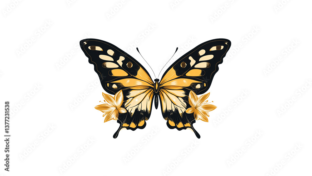 Fototapeta premium Elegant Golden Butterfly with Flowers on on white background