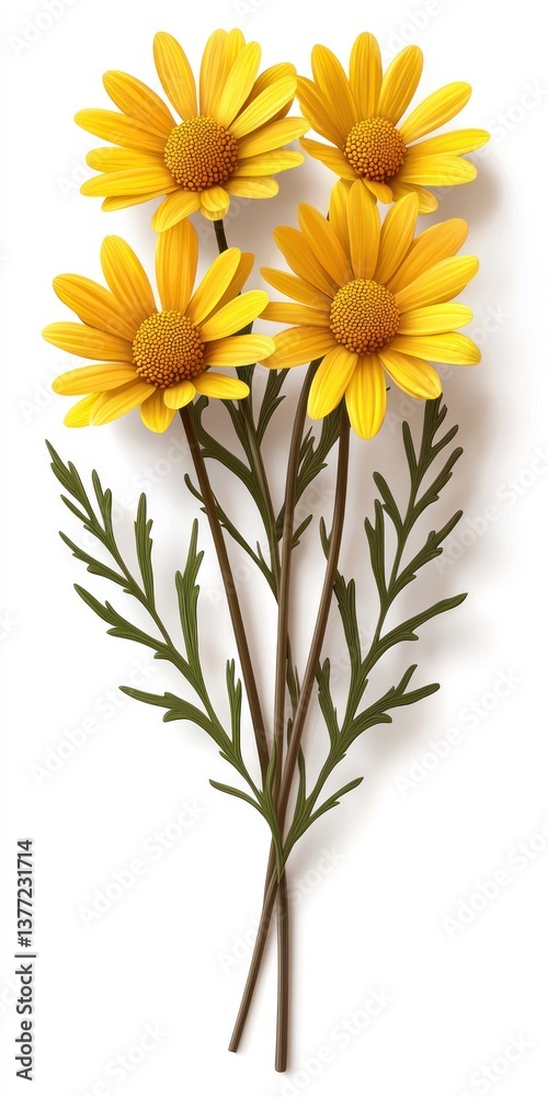 Naklejka premium A Vibrant Arrangement of Yellow Daisies on a Bright White Background in 3D Style