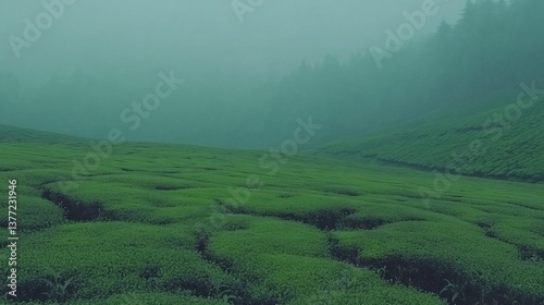 Misty green tea plantation landscape
