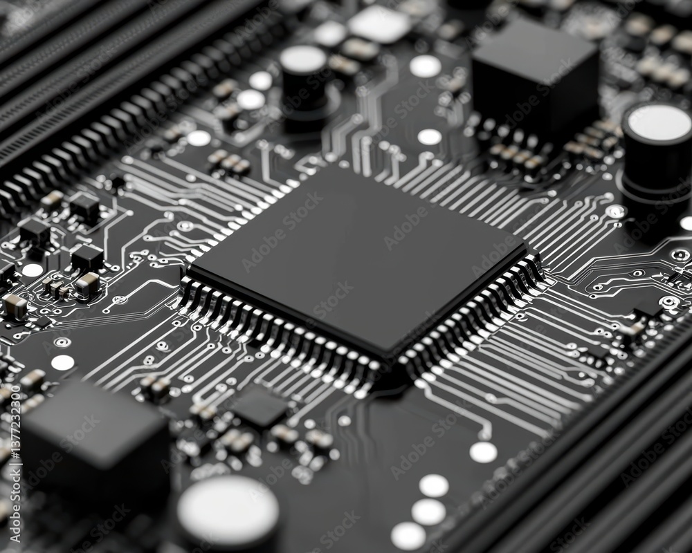 Closeup of a neural net microchip on a sleek, monochrome motherboard Closeup of a neural net microchip on a sleek, monochrome motherboard