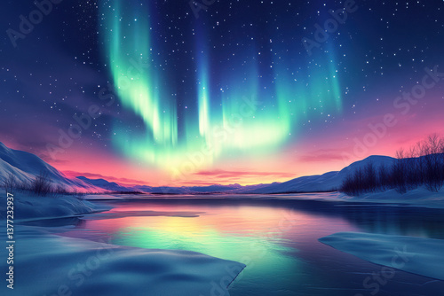 Beautiful northern lights illuminate frozen river at dusk, creating magical scene with vibrant colors reflecting on water surface