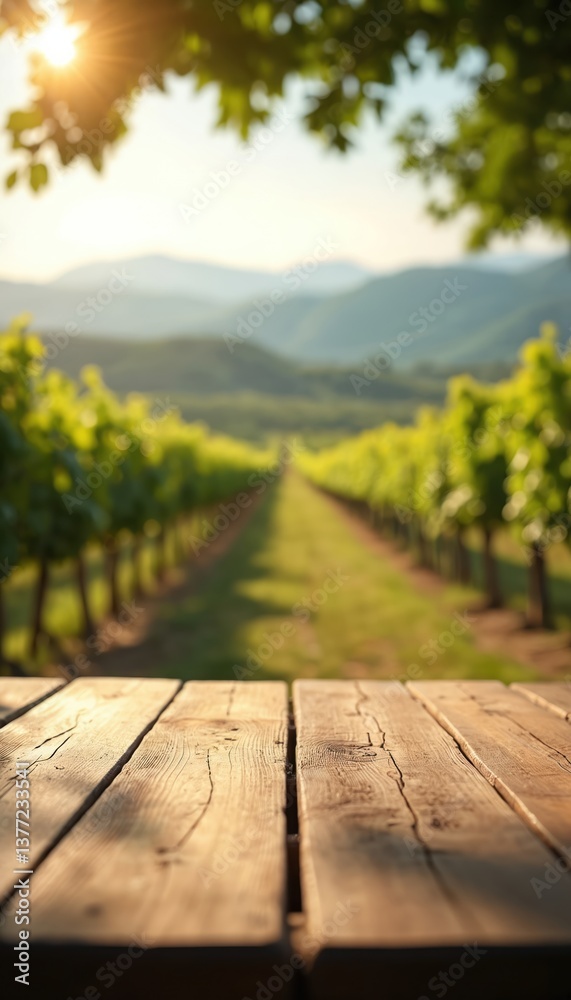 Empty wooden table vineyard background. Selective focus on tabletop. Wine farm landscape, vineyard, grapes harvest concept. Copy space for product display, advertisement, wine, food. Empty wooden table vineyard background. Selective focus on tabletop. Wine farm landscape, vineyard, grapes harvest concept. Copy space for product display, advertisement, wine, food.