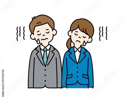 落ち込んで悲しむ、若い男女の会社員のベクターイラスト素材＿＿線の編集可能＿カラー