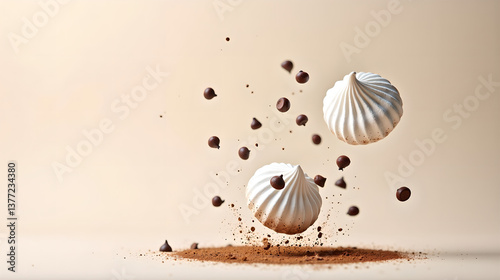 Delicate white meringue kisses tossed into the air with chocolate chips interspersed, soft dusting of cocoa floating
