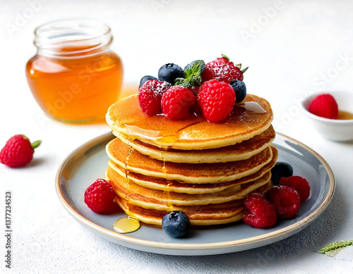 Wallpaper Mural Gluten-free vegan pancakes with maple syrup and fresh berries on white background Torontodigital.ca