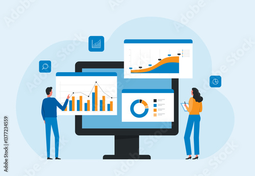 business data analytics design. people marketing team working. business finance investment concept. report graph dashboard infomation. flat vector illustration.
