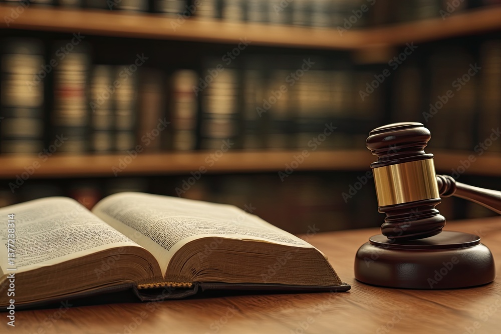 Law books and gavel on wooden table in library setting