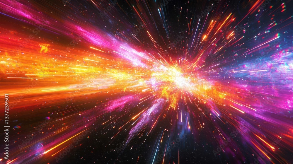 Obraz premium Abstract Cosmic Explosion of Colorful Light with Energy and Motion in a Dark Space Background
