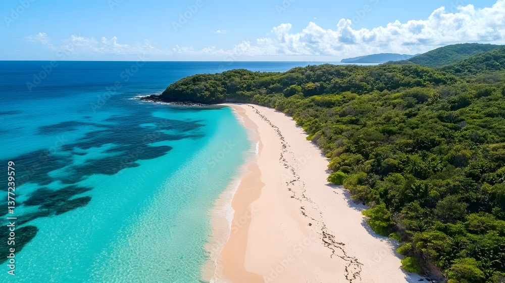 Isolated beach located in the heart of an island with powdery white sand and crystal clear waters under a sunny sky Isolated beach located in the heart of an island with powdery white sand and crystal clear waters under a sunny sky