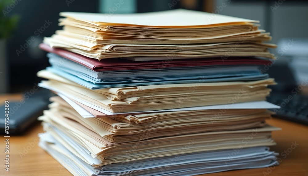 Large stack of assorted documents, files, paperwork on office desk. Bureaucracy business administration, accounting, finance, auditing, legal. Working progress, workload. Paperwork management concept. Large stack of assorted documents, files, paperwork on office desk. Bureaucracy business administration, accounting, finance, auditing, legal. Working progress, workload. Paperwork management concept.