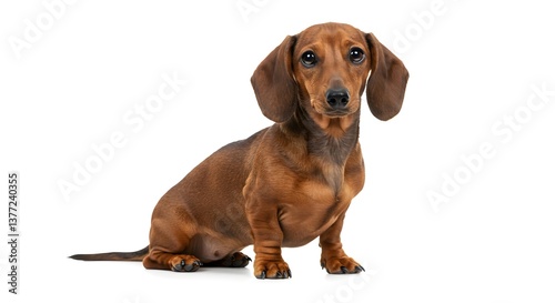 A charming dachshund with soulful eyes sits patiently against a plain white backdrop, showcasing its smooth, brown coat and floppy ears.