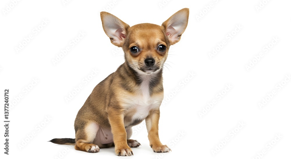 Adorable chihuahua puppy sits attentively, showcasing its large ears and endearing expression against a clean, white backdrop. Adorable chihuahua puppy sits attentively, showcasing its large ears and endearing expression against a clean, white backdrop.