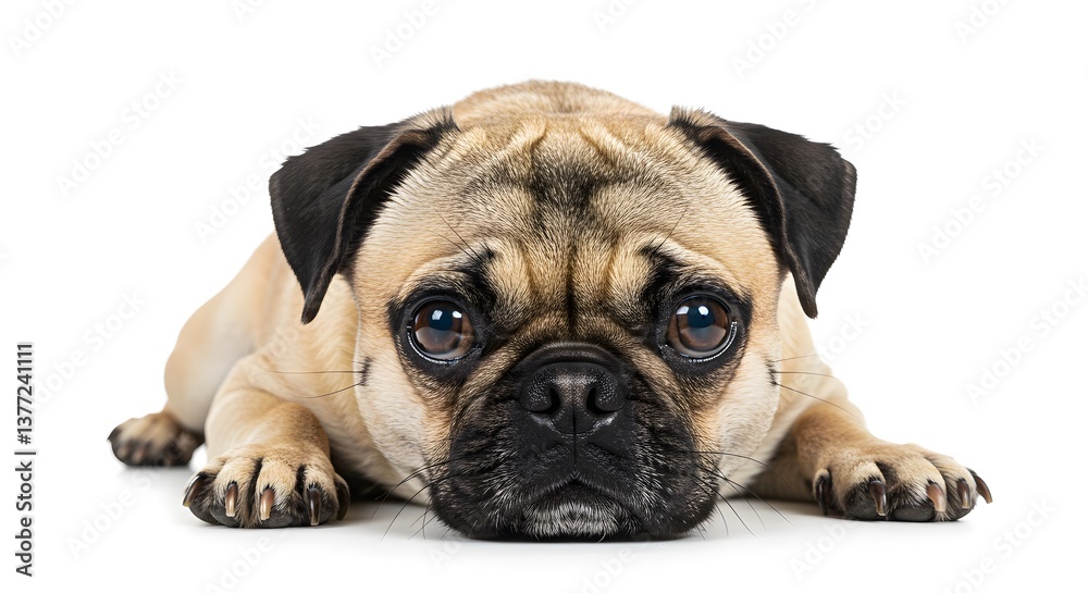 Obraz premium A cute fawn pug is lying down, looking at the camera with big, expressive eyes. The dog's face is full of wrinkles and a black mask.