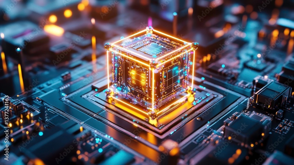 Obraz premium Glowing Quantum Computer Chip Closeup - AI and Machine Learning