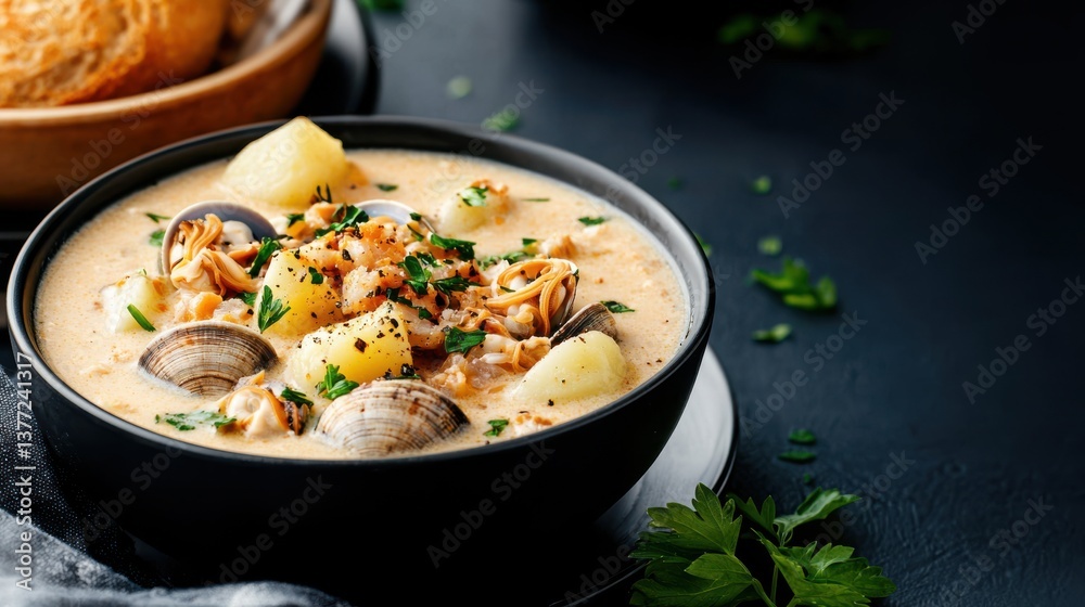 Warm Delicious Bowl of Soup with Fresh Bread and Spoon on Table Warm Delicious Bowl of Soup with Fresh Bread and Spoon on Table