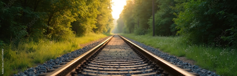 Obraz premium Long empty railway track, side view. Leads through rich green forest during summer sunset. Sunlight illuminates path, creating peaceful nature eco-friendly vibes.