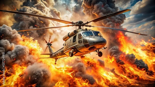 Helicopter Rescue Mission: Dramatic Aerial Action Shot with Explosions