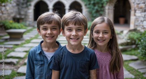 Happy young kids in quiet monastery garden with stone paths background portrait photo 