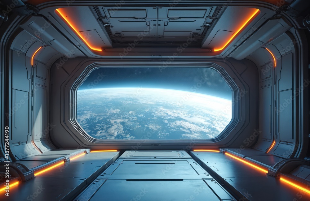 Futuristic space station interior with large window view of Earth. Alien spaceship futuristic tech, explore deep space travel to planet from orbital station. Astronomy concept. Futuristic space station interior with large window view of Earth. Alien spaceship futuristic tech, explore deep space travel to planet from orbital station. Astronomy concept.
