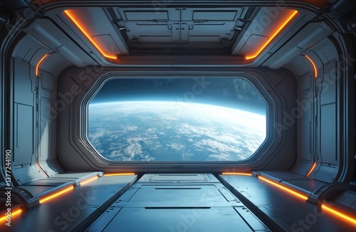 Fototapeta Naklejka Na Ścianę i Meble -  Futuristic space station interior with large window view of Earth. Alien spaceship futuristic tech, explore deep space travel to planet from orbital station. Astronomy concept.