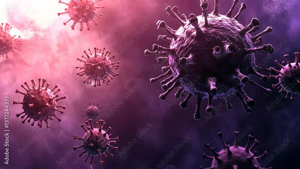 Visual representation of virus particles in a conceptual illustration of viral transmission and infection process